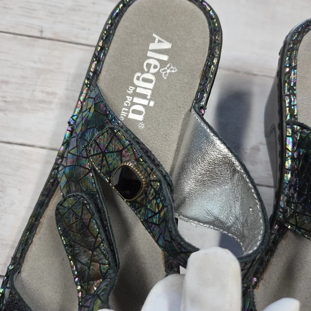 Alegria Loti Wedge Sandals Women 40 Multicolor Holographic Mosaic Leather Straps